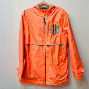 Charles River apparel rain jacket coral orange monogram “BHM” sz Large